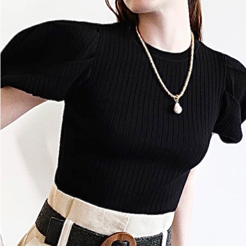 ZARA Black Puff Sleeve Top Size S Ribbed Boho Indie Preppy Twee‎ Office Ribbed